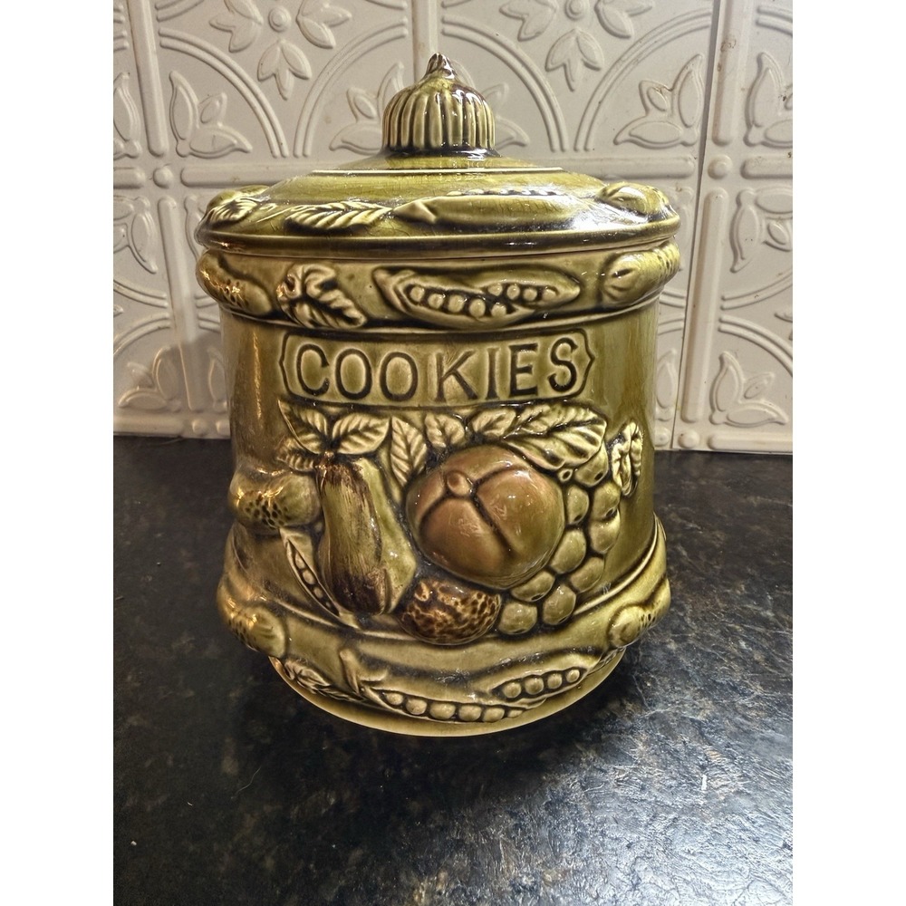 Vintage Avocado Green Cookie Jar Fruit Vegetables Modern Retro 60s 70s